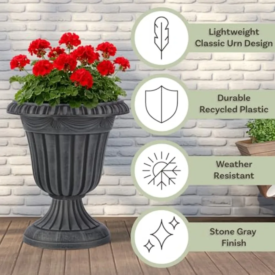 Outdoor Planter 2-Pack - 16x18-Inch Urn Planters for Front Porch Decor, Indoors, Patio or Entryway - Plastic Plant Pots - Large