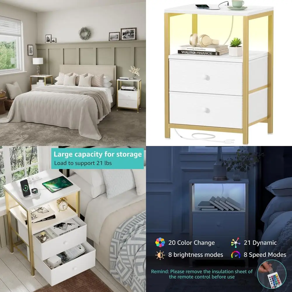 

White and Gold Nightstand with Charging Station, LED Night Stand with 2 Fabric Drawers, Bedside Table with USB Ports and Outlets