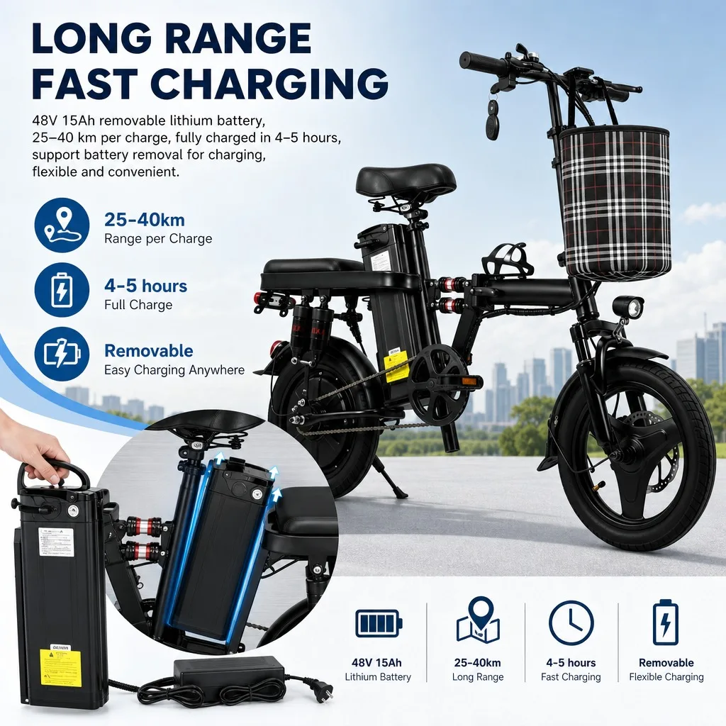 500W 48V 15Ah Foldable Electric Bicycle 14 Inch Tires 8 Shock Absorbers Adult E-Bike Long Range Commuter Folding Ebike image 8