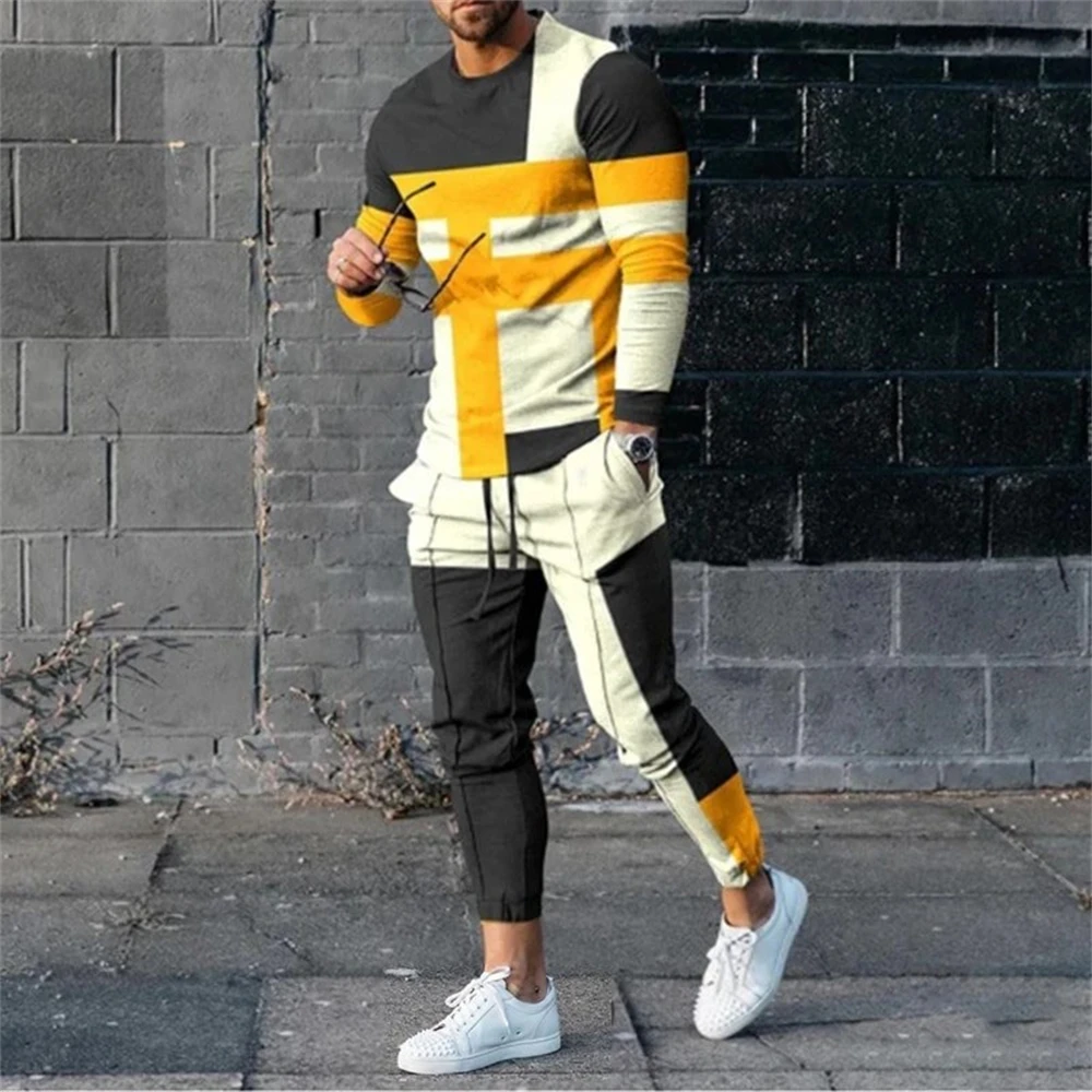 Ensemble de vêtements de sport pour hommes avec impression 3D en couleur d'automne, t-shirt à manches longues et pantalon, ensemble 2 pièces, pull surdimensionné, vêtements pour hommes