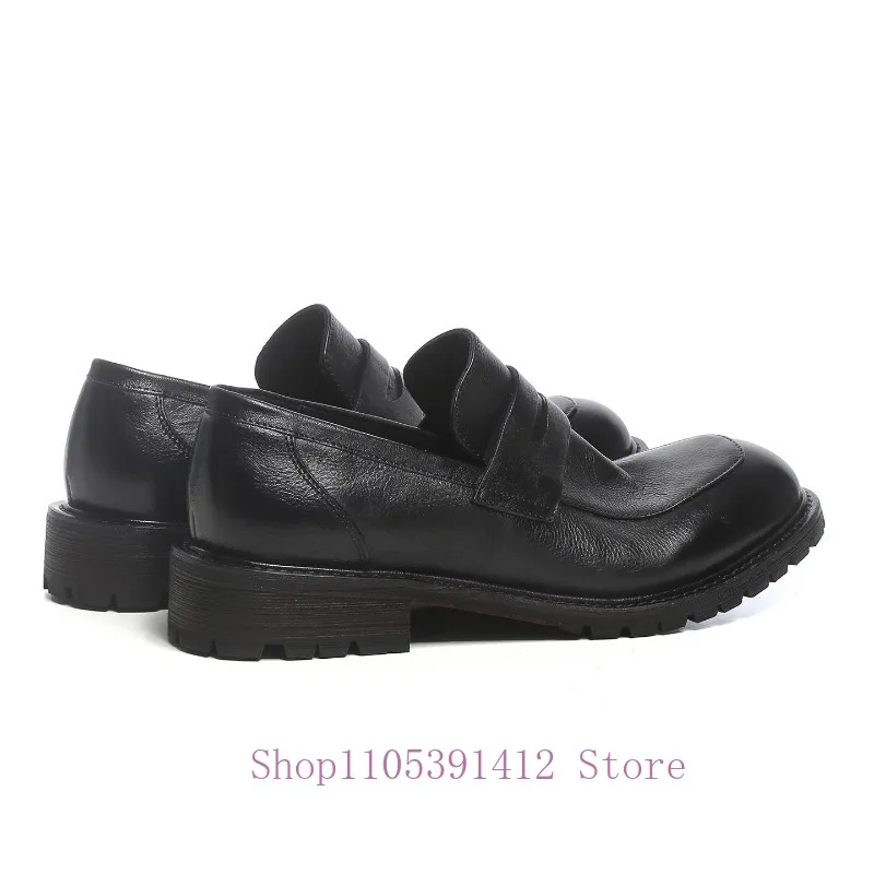 British Style Pleated Cowhide Men Loafers Slip-On Thick Sole Handmade Retro Genuine Leather Casual Dress Shoes