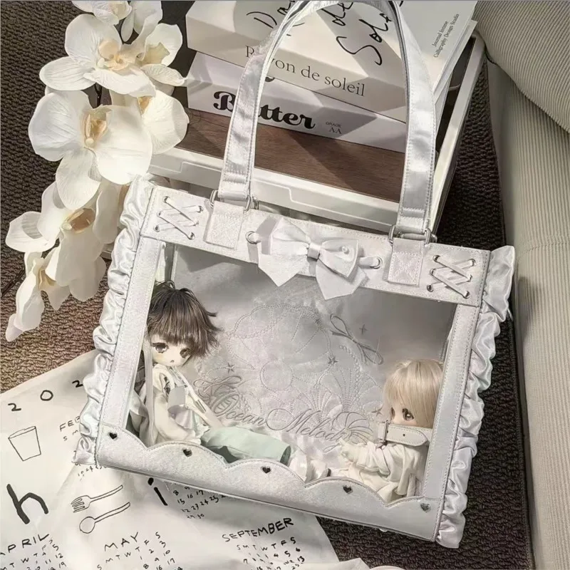 Japanese Ribbon Bow Handbag Women Badge Doll Display Large Capacity Transparent Ita Bag Ladies Harajuku Lolita Shoulder Bag Chic