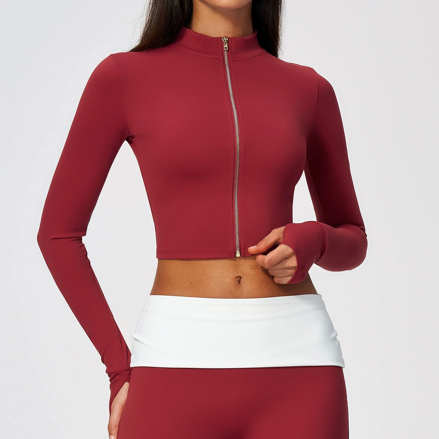 Women's Stand up Collar Yoga Long Sleeved Fitness T-shirt With Thumb Holes Workout Gym Running Zip Jacket Long Sleeve Sweatshirt