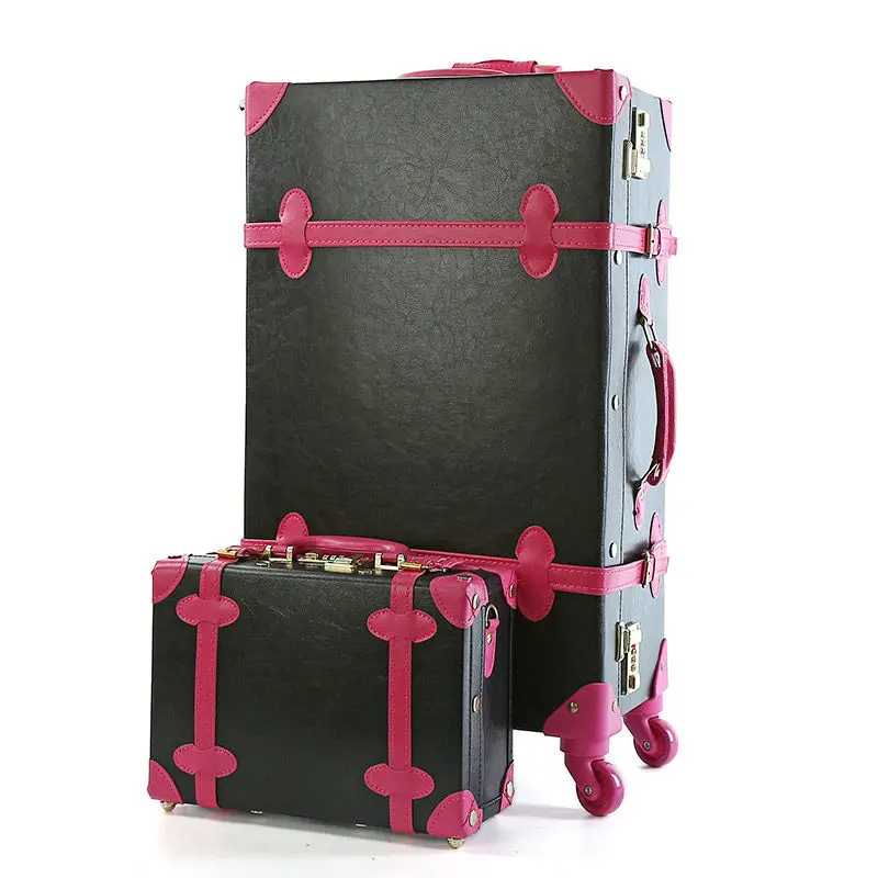 Valise en cuir PU rétro pour femme, valise de voyage, valise à roulettes, bagage à main, rose, cabine pour filles, ensemble de 2 pièces, 20 po, 22/24 po