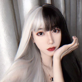Sentetik Saç Uzun Düz Peruk Siyah Ve Beyaz Kadınlar için Patlama ile Isıya Dayanıklı Cosplay Peruk