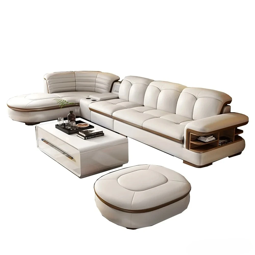 Luxury L-Shaped Genuine Leather Sectional Sofa Sets with USB, Bluetooth Speaker - MANBAS Living Room Italian Leather Couches