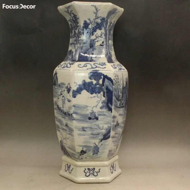 Цин Канси сине-белая винтажная ваза для цветов керамическая пейзажная фигура шестиугольная ваза антикварные фарфоровые украшения коллекция Цин Канси сине-белая винтажная ваза для цветов керамическая пейзажная фигура шестиугольная ваза антикварные фарфоровые украшения коллекция