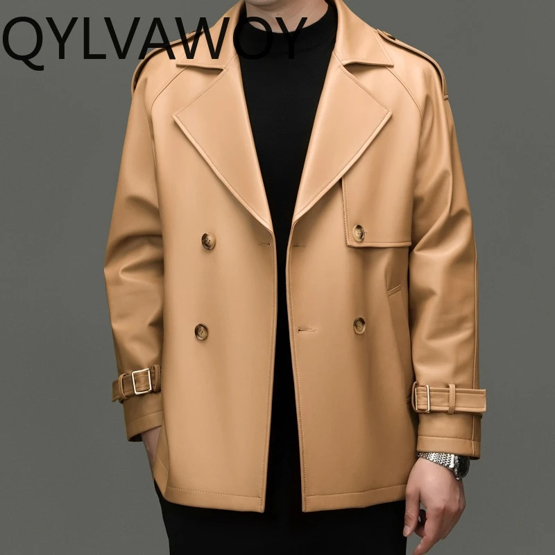 QYLVAWOY Sheepskin Leather Jacket Man Solid Autumn Winter Jackets Short Trench Leather Coat Loose Jackets for Man Korean Version
