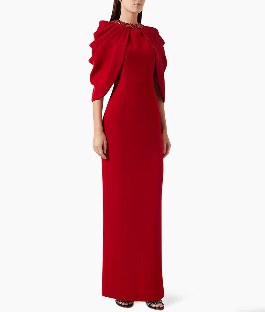 

MCDV Customized Formal Jersey Straight Crystal Evening Dress Temperament O-neck Half Sleeves Floor Length Bespoke Occasion Gowns