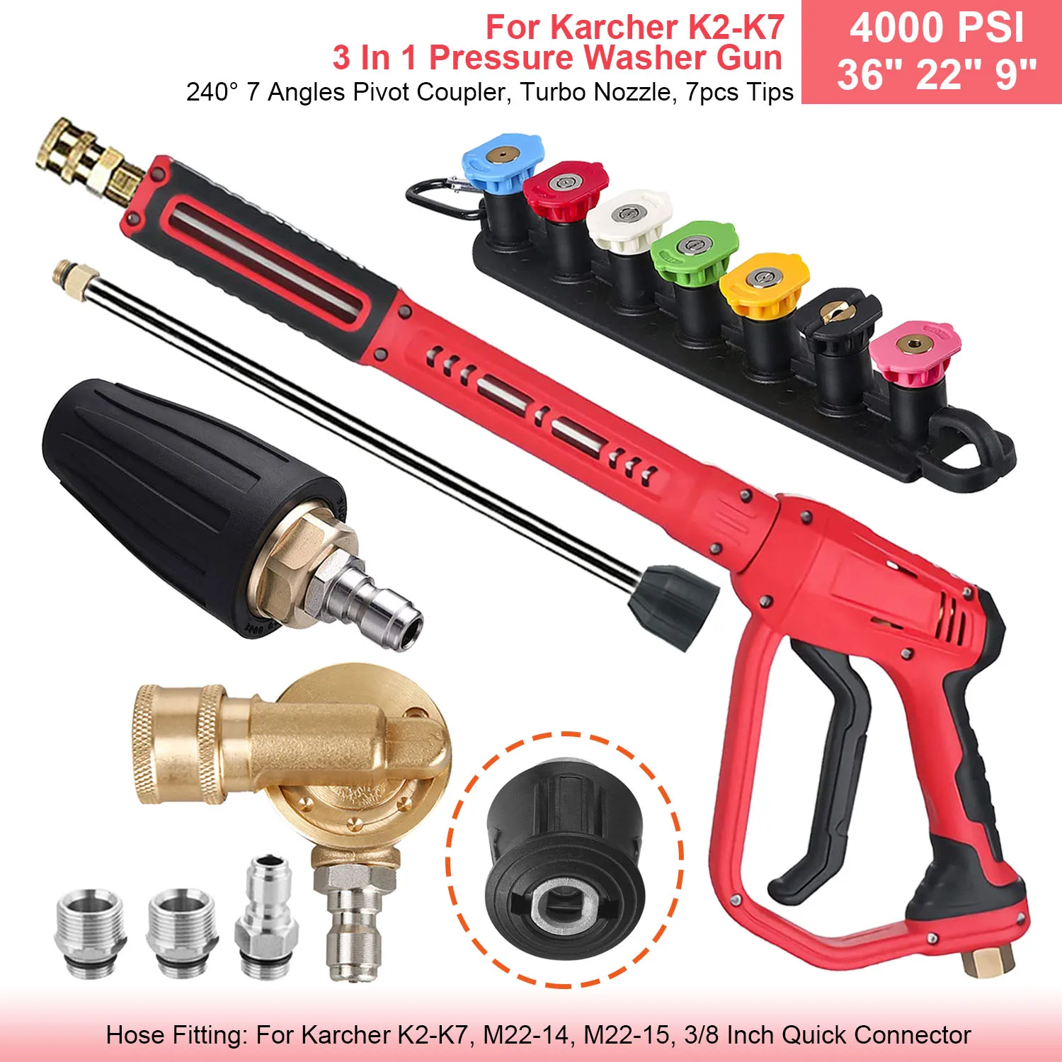 36 "In 4000 PSI Hogedrukreiniger Pistool Verlengstuk Nozzles Schuimlans 3 in 1 M22 14 15 mm 3/8 In Snelkoppeling Autoreiniger Kit