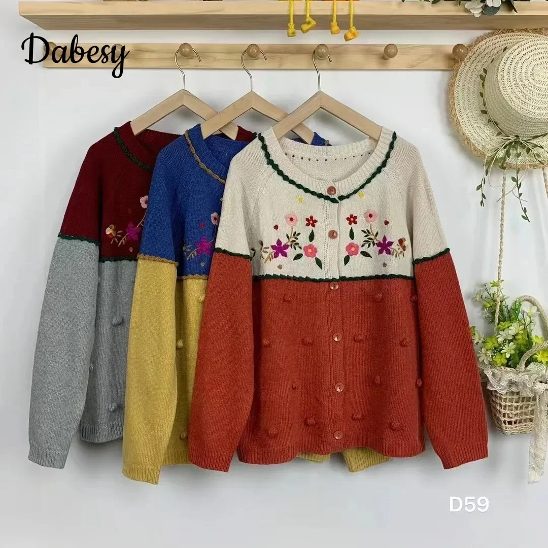 Autumn Vintage Color Contrast Patchwork Knitted Cardigan Women Japanese Mori Girl Embroidery Single-breasted Loose Sweater Coat