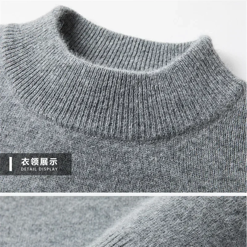 Men\'s Mock Neck 100% Pure Woolen Sweaters Autumn Winter Warm Cashmere Sweater Solid Knitted Pullovers for Men Slim Knitwear Tops