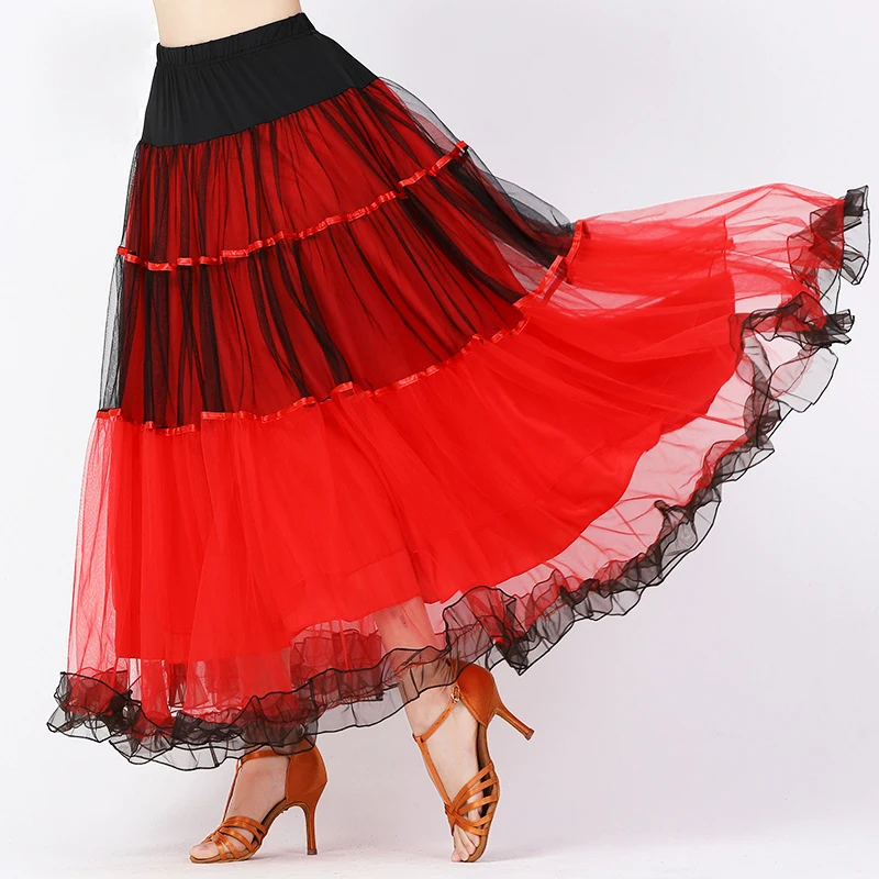 Moderne Dans Vrouwen Ballroom Dans Kleding Volledige Circel Dance Gaas Lange Rok 3 Lagen Patchwork Veelkleurige Tutu Met Ruche