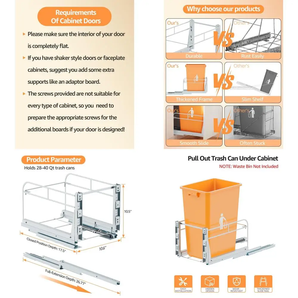 

Мусорный бак под шкафом с мягким закрыванием, сверхпрочный кухонный мусорный бак, подходит для шкафов 12 В x 18 д.