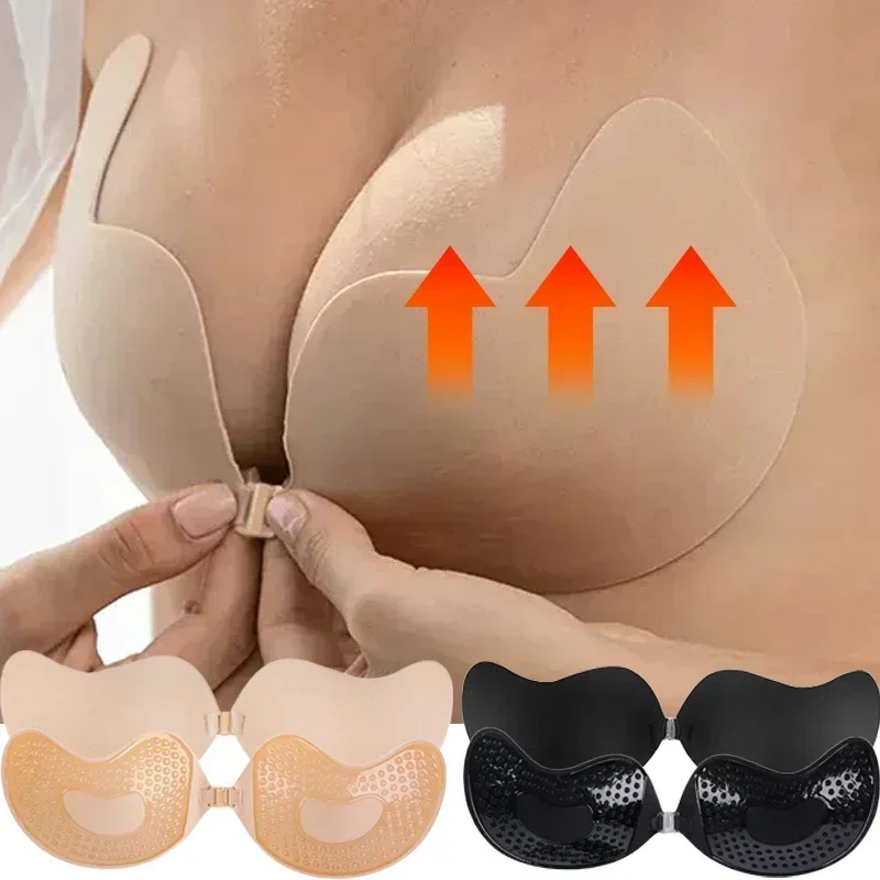 Invisible Push Up Bra for Women Backless Strapless Bra Seamless Front Closure Bralette Underwear Silicone Self-Adhesive Bra Pads