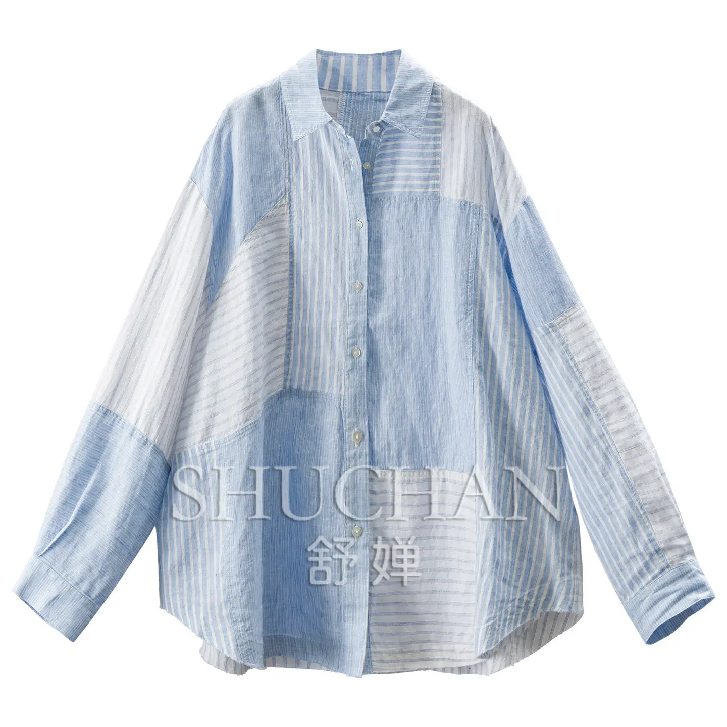 Refreshing Sea Breeze, French Casual Sea Salt Blue Stripe 100 Linen Loose Long Sleeve Shirt Women's 61W6