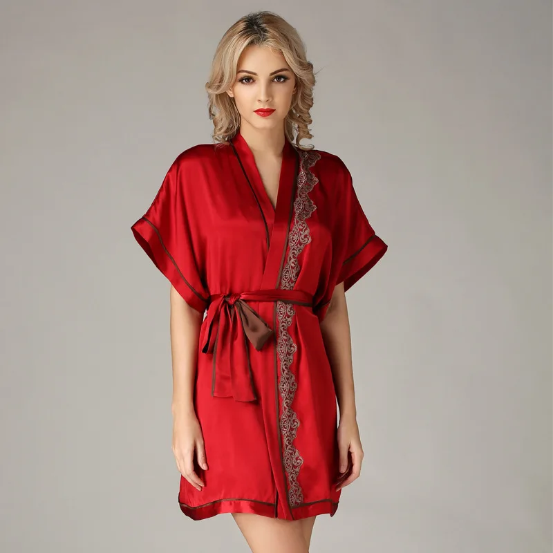 100% Mulberry Silk Bride Robe Belted Kimono Robe Women Bathrobe Shower Short Sleeve Pure Silk Sleepwear Nightdress Sexy Pajamas