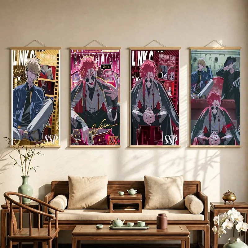Link Click Hanging Scroll with Anime Character Portraits and Bold Graphic Lettering for a Contemporary Home Gaming Room