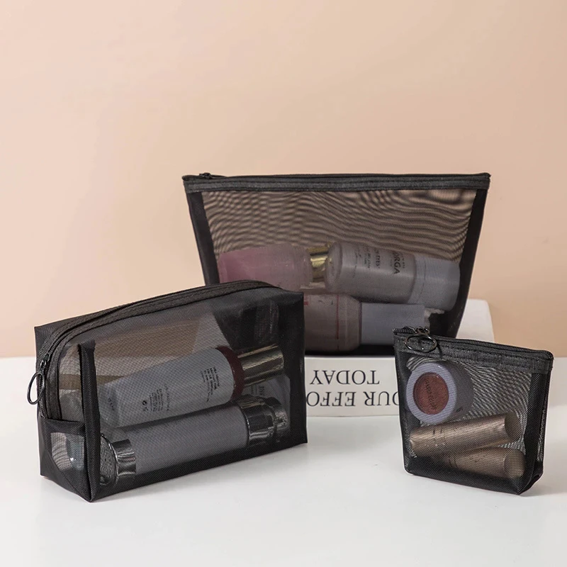 Bolsas de cosméticos transparentes de malla, pequeñas y grandes bolsas de maquillaje negras transparentes, organizador de artículos de tocador de viaje portátil, bolsa de almacenamiento de lápiz labial