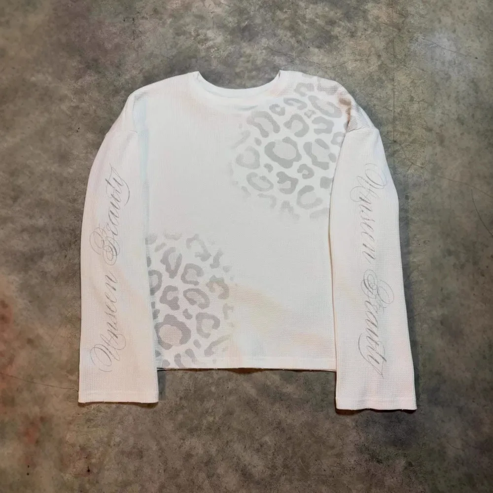 2026 New American Retro Leopard Print Long Sleeve T-shirt for Women, Waffle Print Loose Casual T-shirt