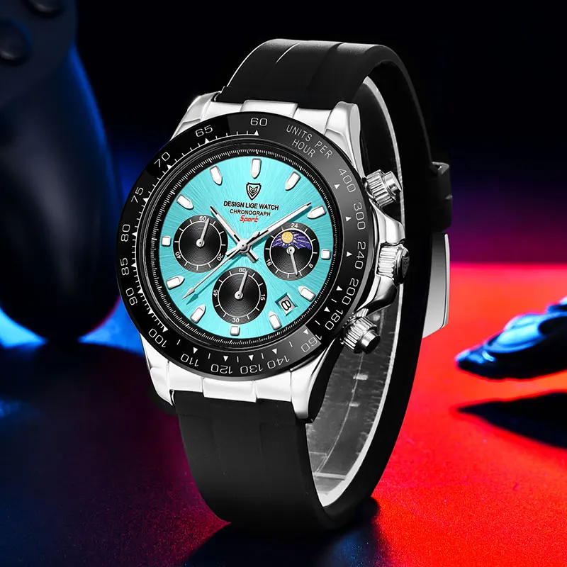 LIGE Luxury Fashion Quartz Watch 24Hours Moon Phase Silicone Strap Watches for Men Chronograph Wristwatch Waterproof Sport Clock