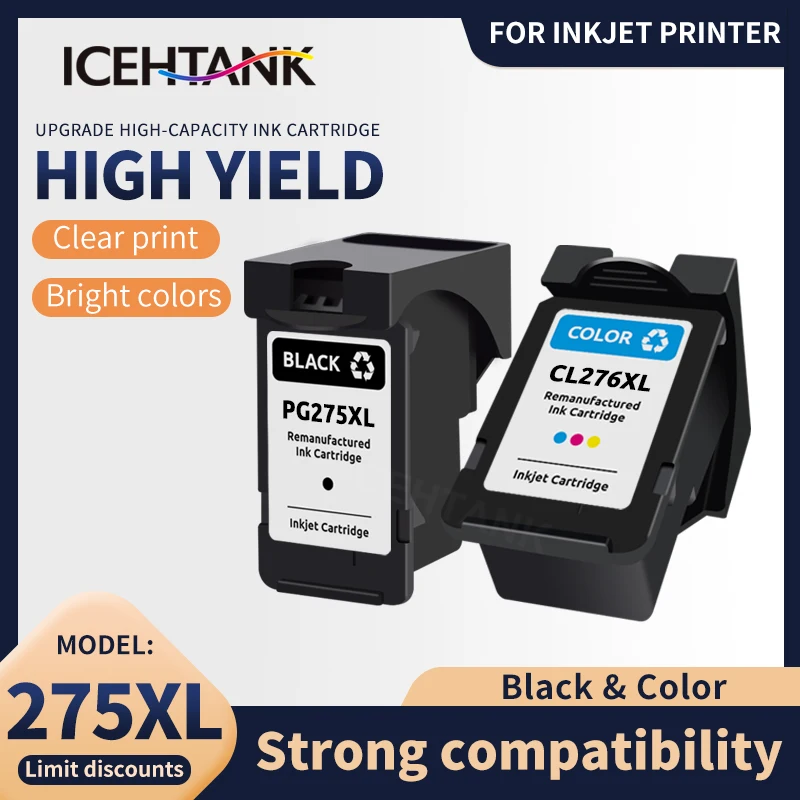 

Icehtank PG275 CL276 PG-275 CL-276 Refillable Ink Cartridge Compatible for Canon Pixma TR4720 TR4722 TR4700 TS3520 TS3522 TS3500