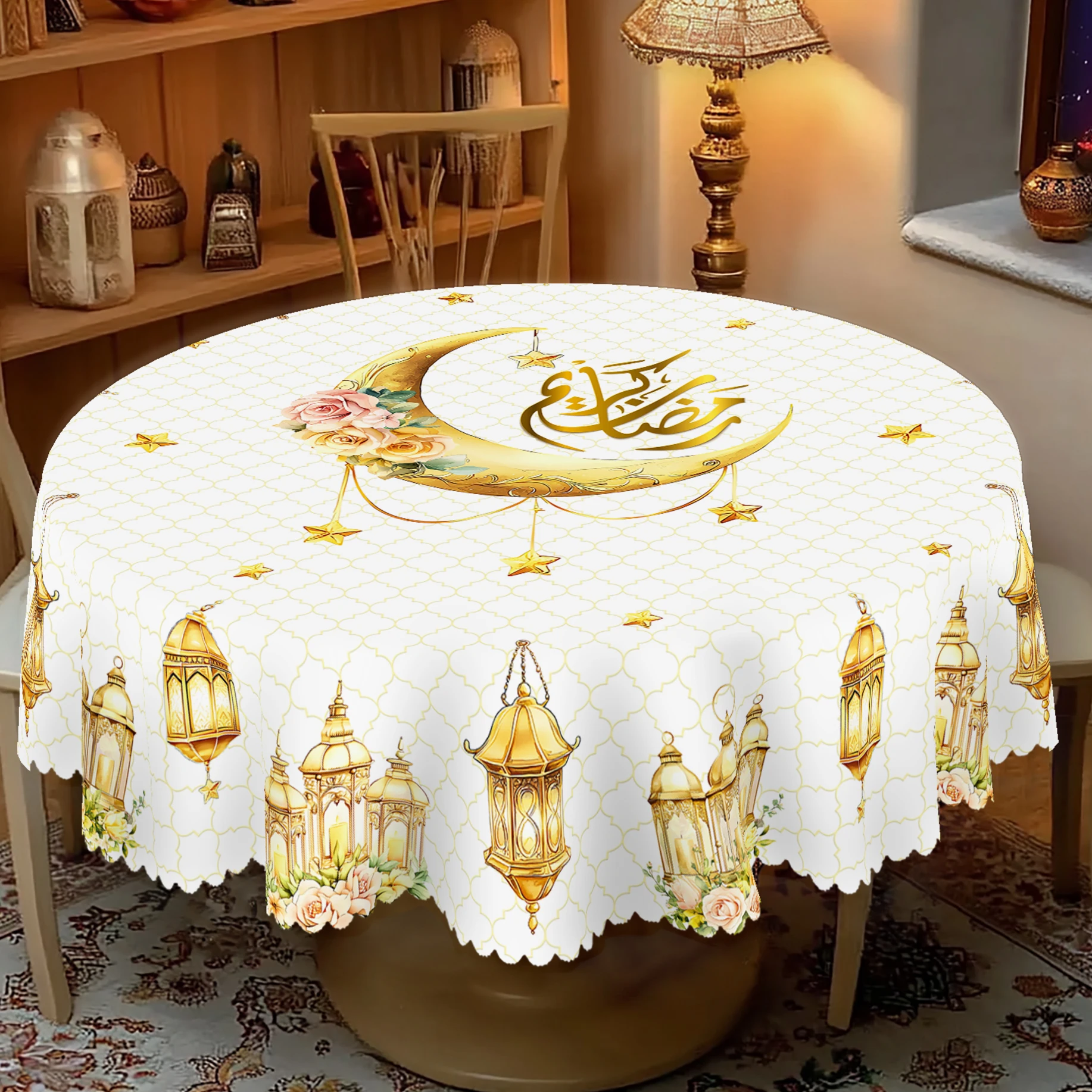 1 Piece Ramadan-Themed Round and Rectangular Tablecloth, Available in 5 Sizes, Gold-Plated Muslim Patterned Printed Tablecloth, Embossed Edge Design, Eid Al-Adha Restaurant Tablecloth Decoration, Suitable for Everyday Home Kitchen, Patio Use, Eid Al-Adha Decoration, Spring Decoration