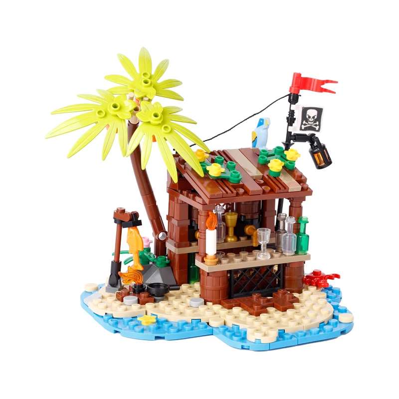 MOC Medieval Pirate Bar Model Building Blocks Kit Parrot Log Cabin Island House Bonfire Tree Sail Boat Ship Bricks Toys Gift