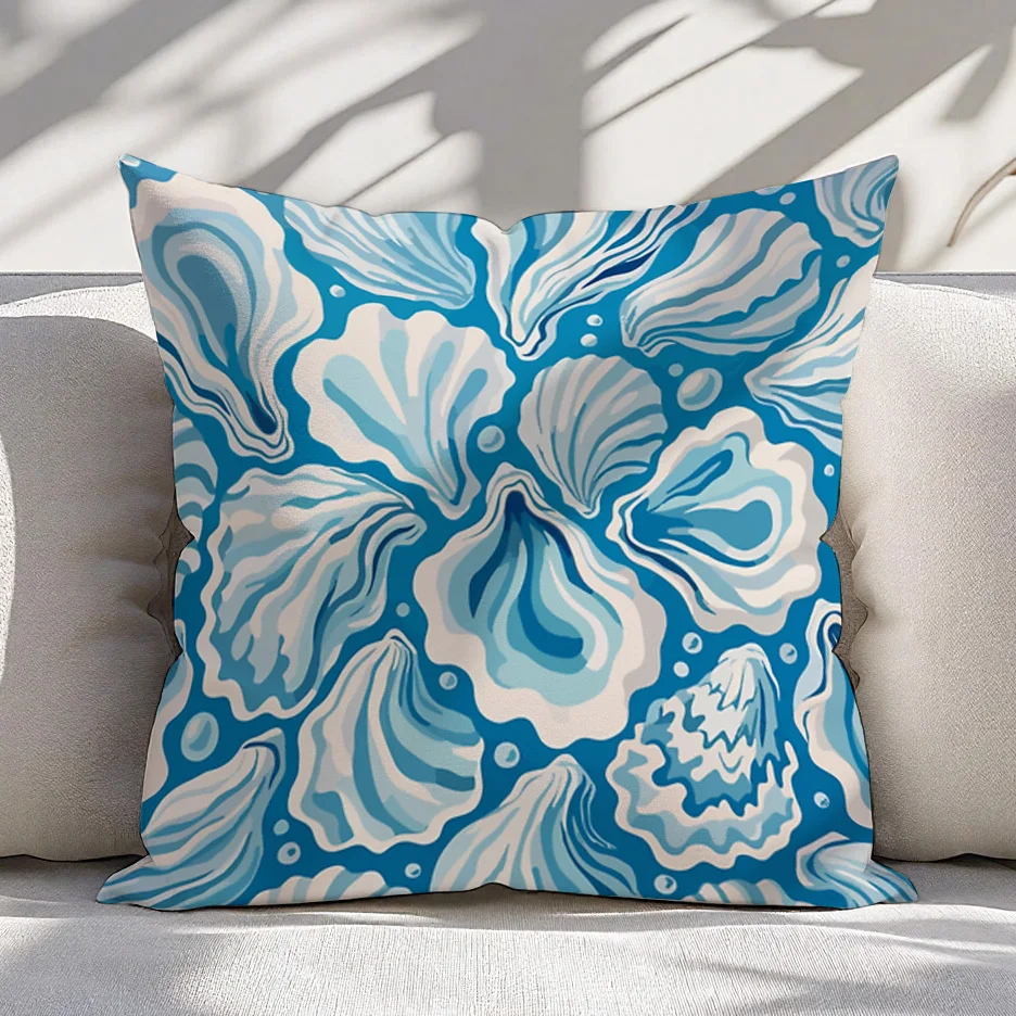 Decorative Blue Coastal Ocean Wave Print Pillow Cover Case Nautical Beach Shell Cushion Accent
