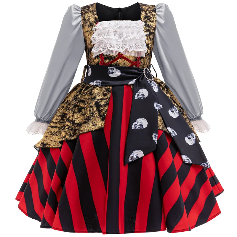 Children\'s Halloween Pirate Cosplay Costume 2024 New Girls Fashion Color Block Lace Skirt Carnival Birthday Stage Costume