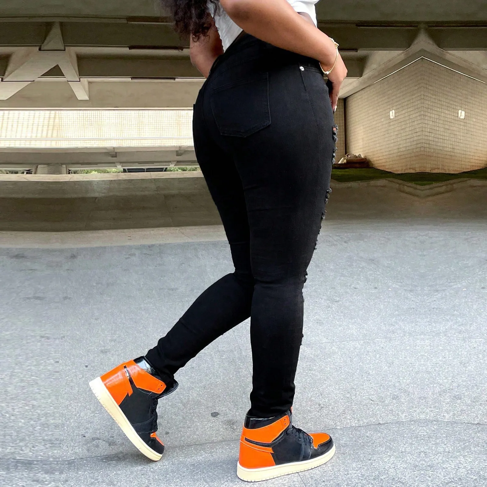 جينز أسود ممزق للنساء، سروال جينز ضيق عالي الخصر من قماش الدنيم، بنطلون جينز ضيق قابل للغسل في الغسالة #5