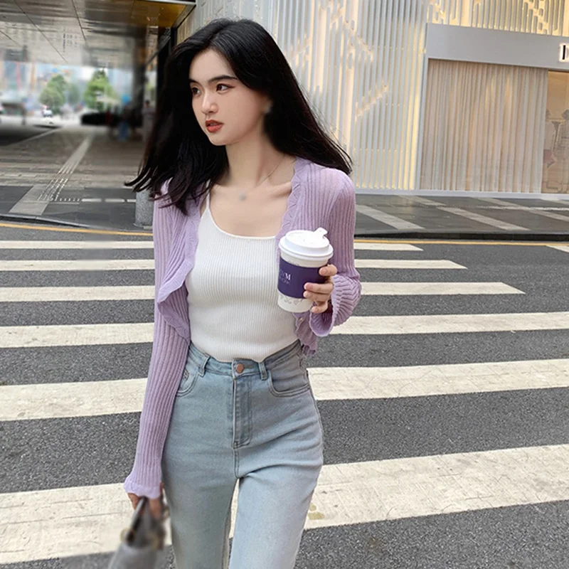 Summer Sunscreen Cardigan Women Thin Knitted Long-Sleeve Top Female Breathable Irregular Slim Fit Air Conditioner Clothing