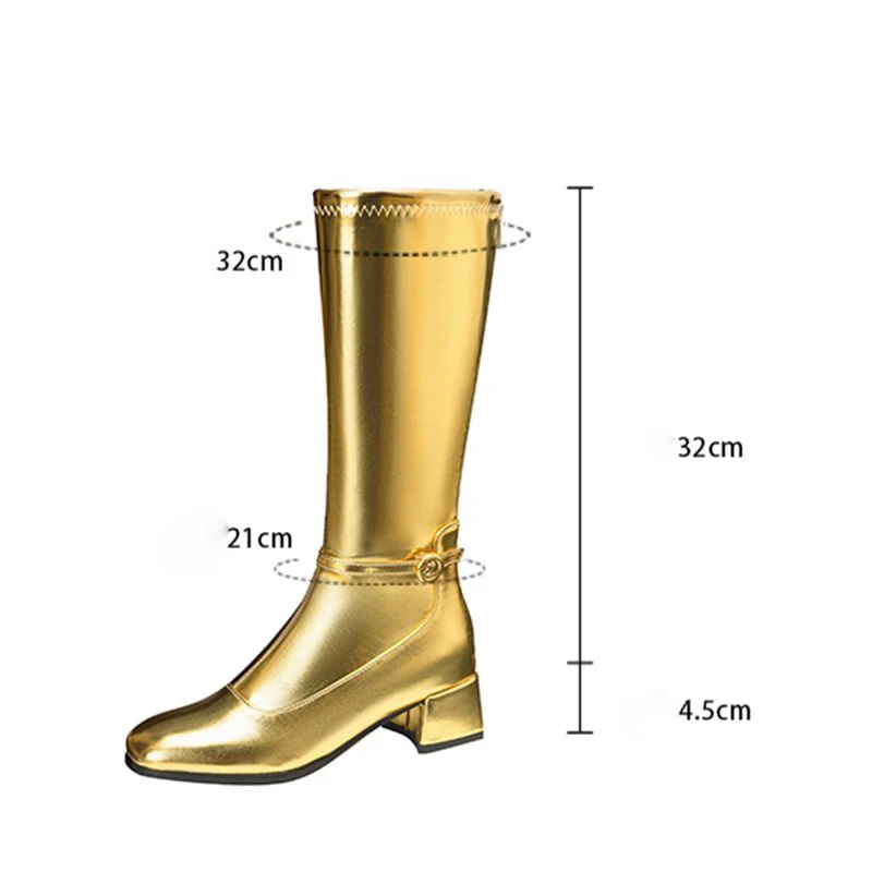 REAVE CAT Brand Female’s Knee High Boots Round Toe Chunky Heels 4.5cm Zip Belt Fastener Plus Size US12 44 US14 46 Trendy Bota