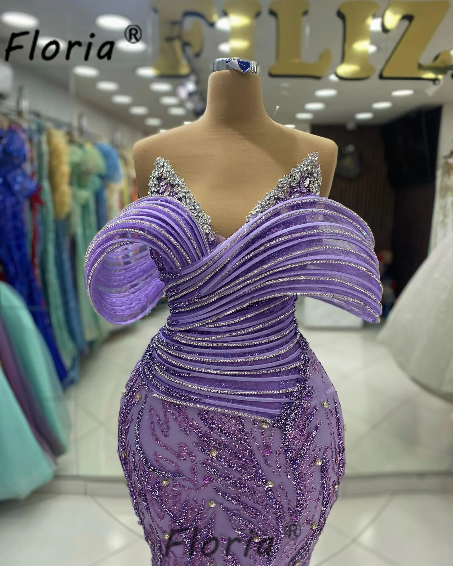 Ablaze Beads Off Shoulder Evening Dress Mermaid Purple V Neck Crystal Celebrity Long Gowns Runway Pageant Prom Party Dresses New