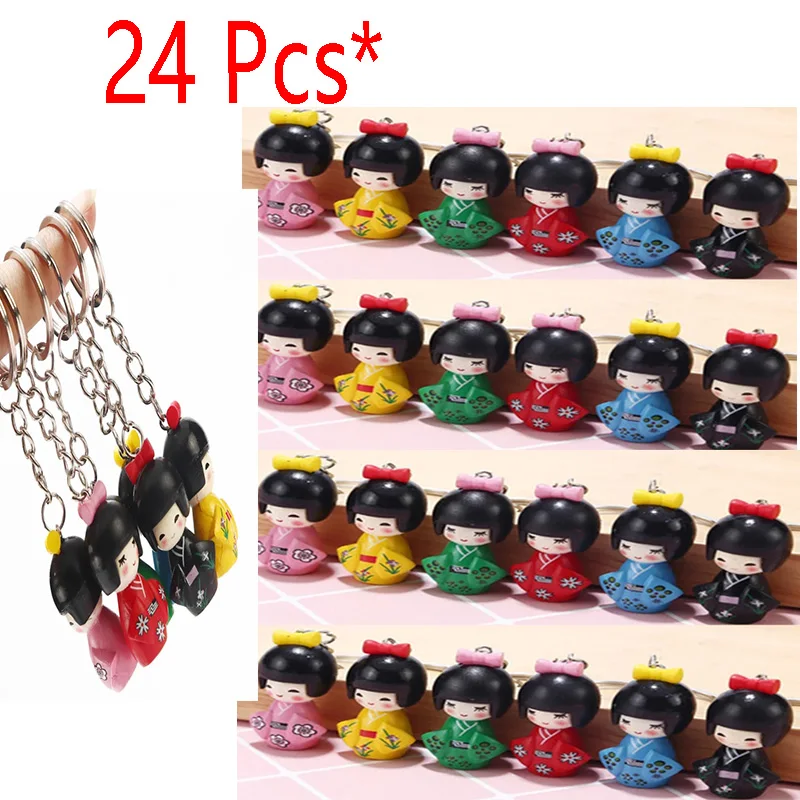 24 pcs/Lot Japanese KOKESHI Doll Key chain Metal Key Ring Charms Party Gifts