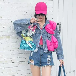 2024 New Women Coat Cartoon Sticker Embroidered Sequin Short Denim Jacket Loose Bowknot Top