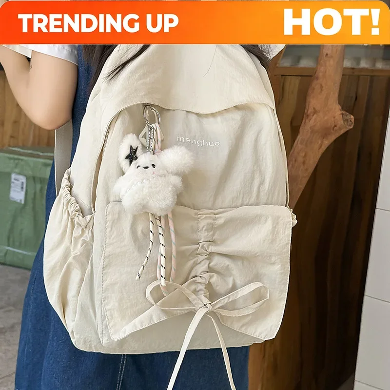 Junior High School Girl Backpack Summer New College Style Bow School Backpack Fashion Candy Colored Pleated Backpack School Bag