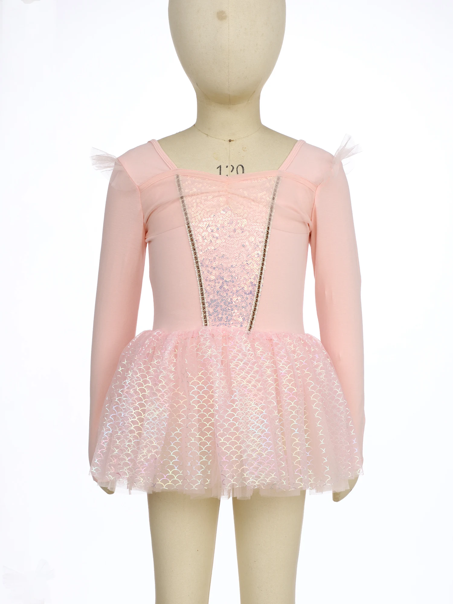 キッズガールズバレエダンス体操スケートドレス長袖光沢のあるスパンコールシアーメッシュ魚鱗チュールチュチュレオタードダンスウェア