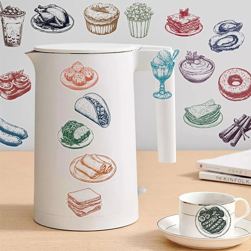 

50PCS Retro Food Stickers Set Transparent PET Waterproof Vinyl Cute Funny Yummy Snack Hamburger Pizza Cake Donuts Theme