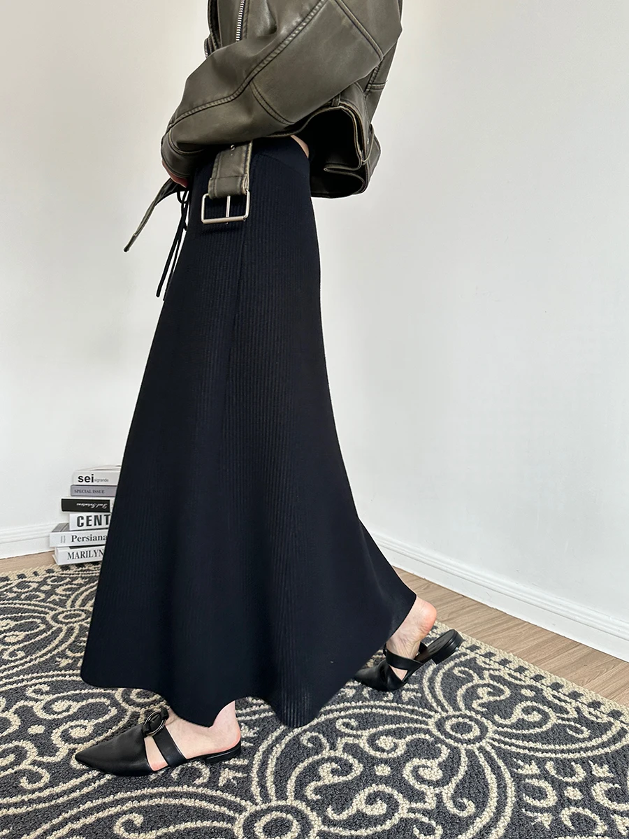 

VANZOVIVILLY Элегантная женская вязаная юбка-миди А-силуэта, черная, струящаяся, с завышенной талией, стройнящая, с широким подолом, осенне-зимняя длинная юбка