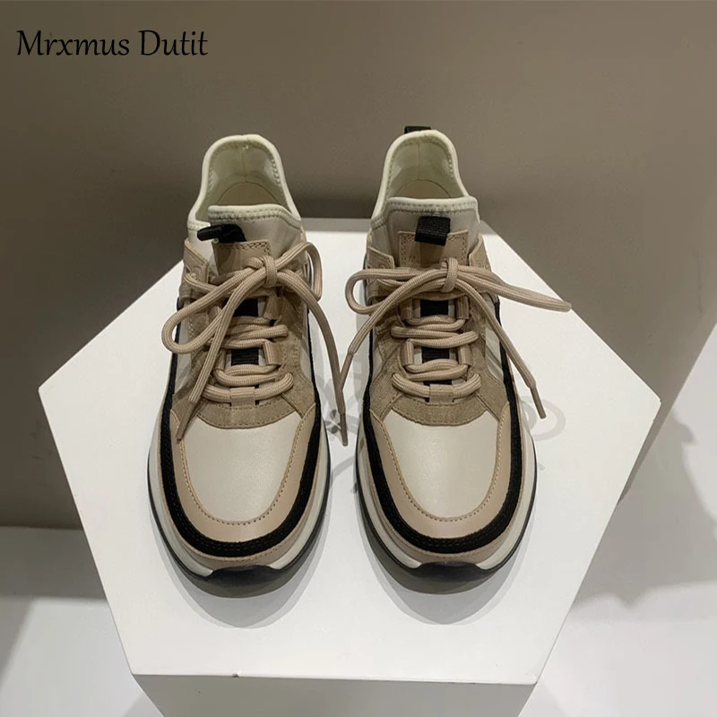 Mrxmus Dutit 2023 Fashion Women New Genuine Leather Patchwork Lacing Sneakers Casual Simple Thick Sole Versatile Shoes Female