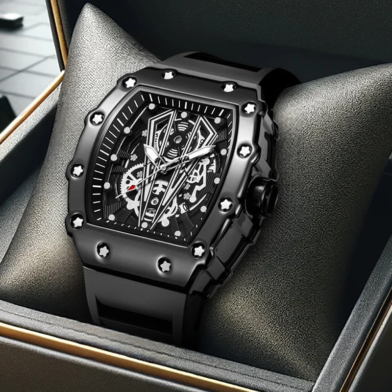 

Мужские стильные часы-календарь в студенческом стиле со звездами, перевернутым треугольником, черным корпусом, черной лентой и кварцевым механизмом.