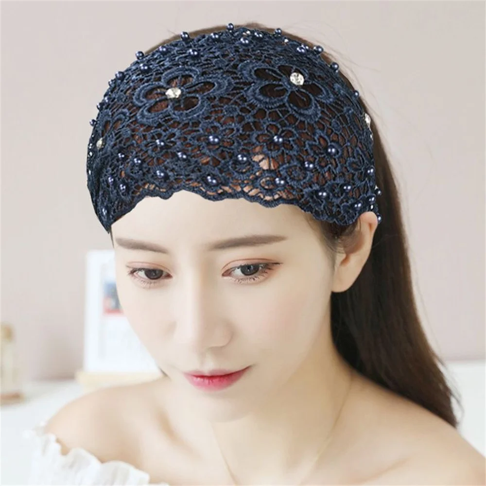 Lace Floral Headbands For Women Girls Headwrap Fashion Pearl Elastic Wide Hair Bands Female Headwear Hair Accessories