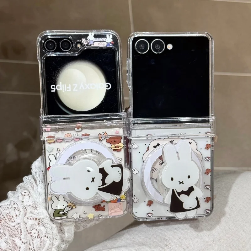 Cute cartoon illustration Miffy leather Magsafe Wireless Charge Phone Case For Samsung Z Flip 7 6 5 4 3 ZFlip7 Magnetic Cover﻿﻿﻿
