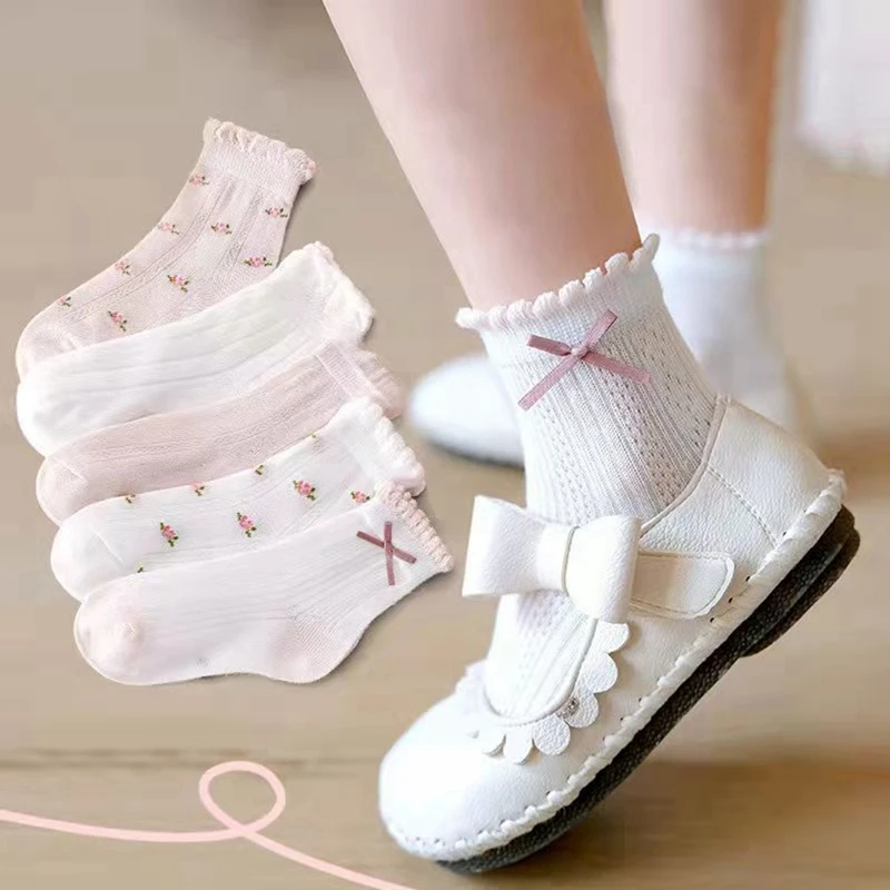 

5 Pairs/Lot Girls Socks Summer Breathable Children Short Ankle Socks For Kids Soft Cotton Lace Princess Mesh Socks 4-12 Years