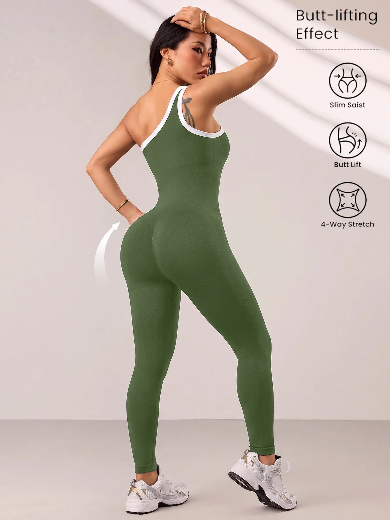 Sculpted One-Piece Yoga Suit Single Shoulder White Edge Color Block Fitness Clothing for Women