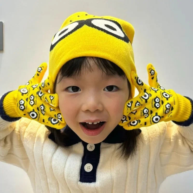 2Pcs Minionsed Winter Knitted Wool Hats Warm Ear Protection Beanie Cute Hat Gloves Scarf Set Outdoor Ski & School Commute Therma view 4