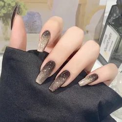 24PCS/1BOX Coffee-colored Cat's Eye Fake Nails Phototherapy Hand-worn Armor Fake Nails