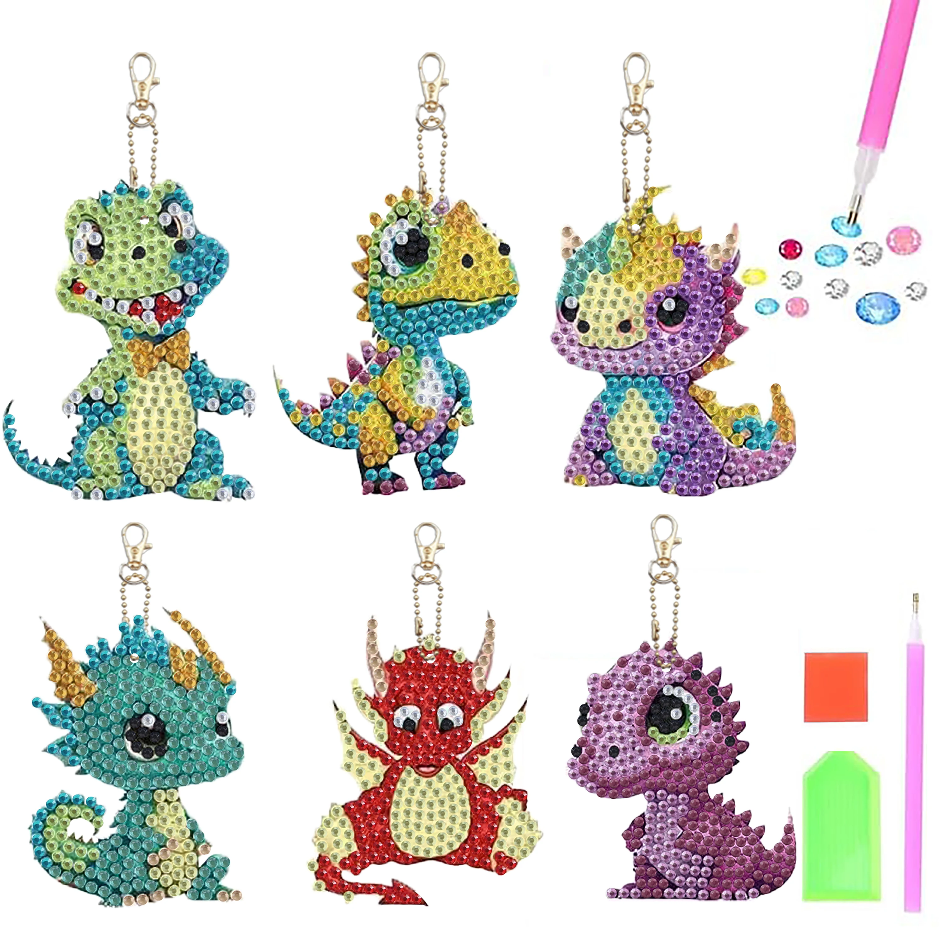 6 stks Diamond Art Set Acryl Dubbelzijdig DIY Volledige Diamond Kleine Dinosaurus Kleine Hanger Hand Mozaïek Schilderen Sleutelhanger Decoratie