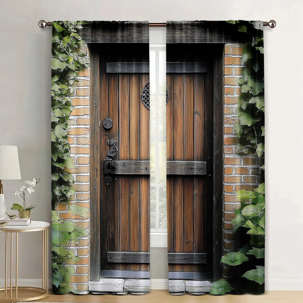 2Pcs Rustic Curtains Spanish Style Dark Stained Wood Door Secret Garden For Living Room Bedroom Decor Drapes C